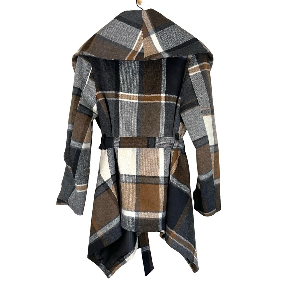 Chicwish Prairie Check Rabato Plaid Wool Blend Belted Coat Brown S - Picture 4 of 7